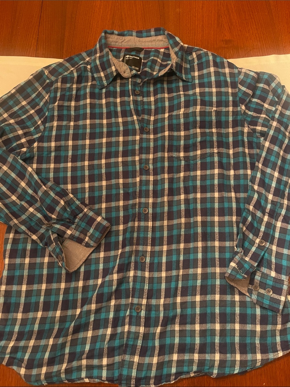 Marmot Teal and Navy Plaid Button-Down Shirt